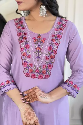 embroidered viscose straight kurta set with bsy pant &  taby printed dupatta