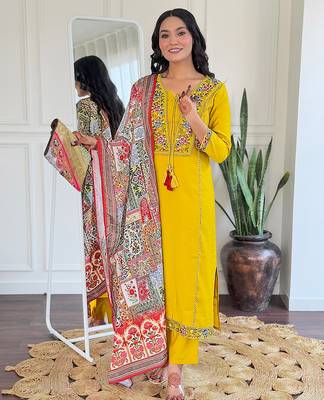ethnic viscose kurta set with embroidery, bsy pant & art silk blend printed dupatta 4