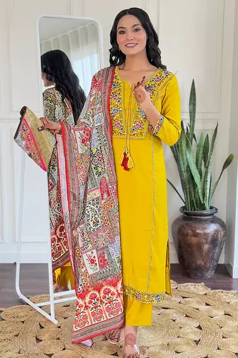 Women   s ethnic viscose kurta set with embroidery, bsy pant & art silk printed dupatta