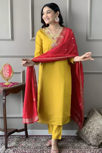 mustard chanderi embroidered kurta set with pant & viscose jacquard dupatta