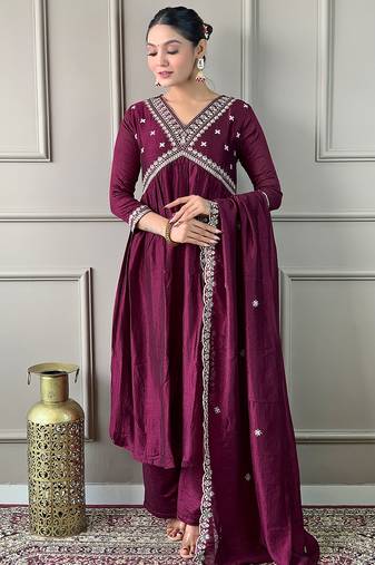Women’s vichitra silk embroidered flared kurta set with viscose silk pant & chinon lace dupatta