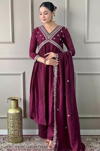 Women’s vichitra silk embroidered flared kurta set with viscose silk pant & chinon lace dupatta