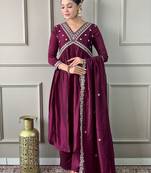 vichitra silk embroidered flared kurta set with viscose silk pant & chinon lace dupatta