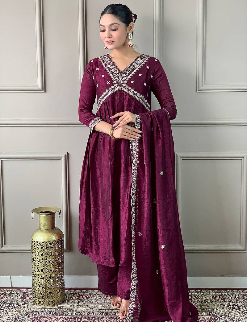 Women’s vichitra silk embroidered flared kurta set with viscose silk pant & chinon lace dupatta