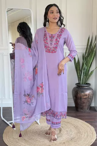 embroidered viscose straight kurta set with bsy pant &  taby printed dupatta