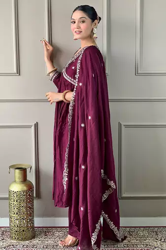 vichitra silk embroidered flared kurta set with viscose silk pant & chinon lace dupatta