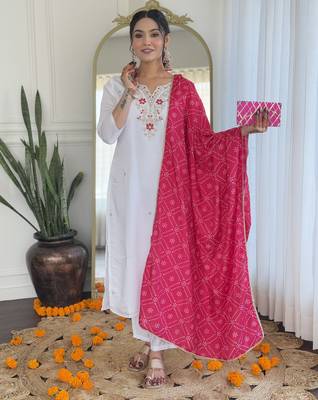 viscose embroidered straight kurta set with bsy pant & silk blend laced dupatta 1