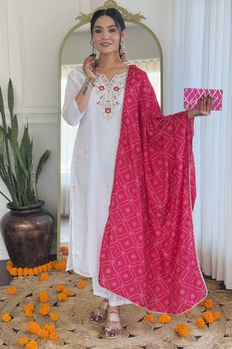 Women’s viscose embroidered straight kurta set with bsy pant & silk blend laced dupatta