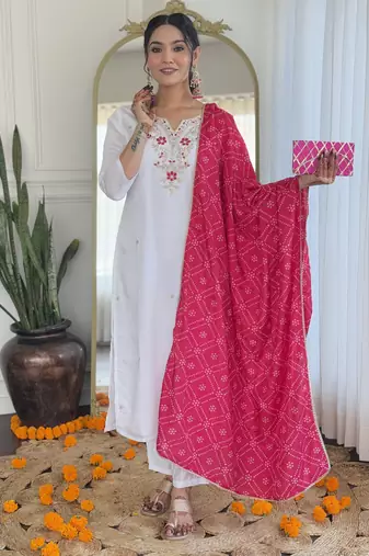 Women’s viscose embroidered straight kurta set with bsy pant & silk blend laced dupatta