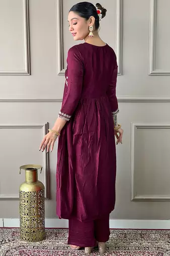vichitra silk embroidered flared kurta set with viscose silk pant & chinon lace dupatta