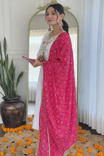 viscose embroidered straight kurta set with bsy pant & silk blend laced dupatta