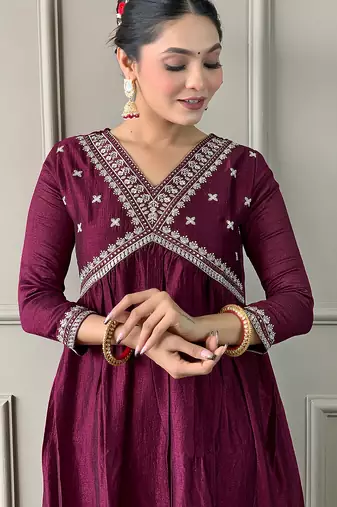 vichitra silk embroidered flared kurta set with viscose silk pant & chinon lace dupatta