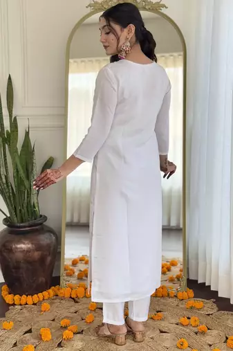 viscose embroidered straight kurta set with bsy pant & silk blend laced dupatta