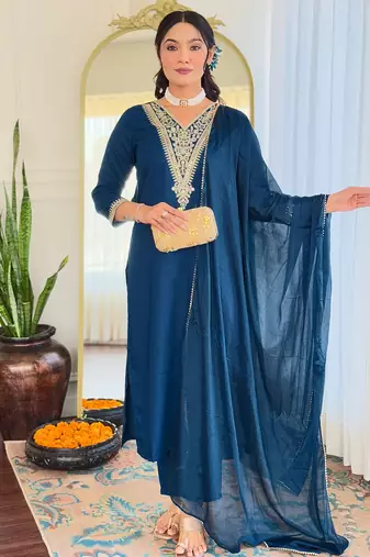 Women’s rayon embroidered straight kurta set with pant & silk chiffon printed dupatta
