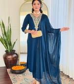 rayon embroidered straight kurta set with pant & silk chiffon printed dupatta