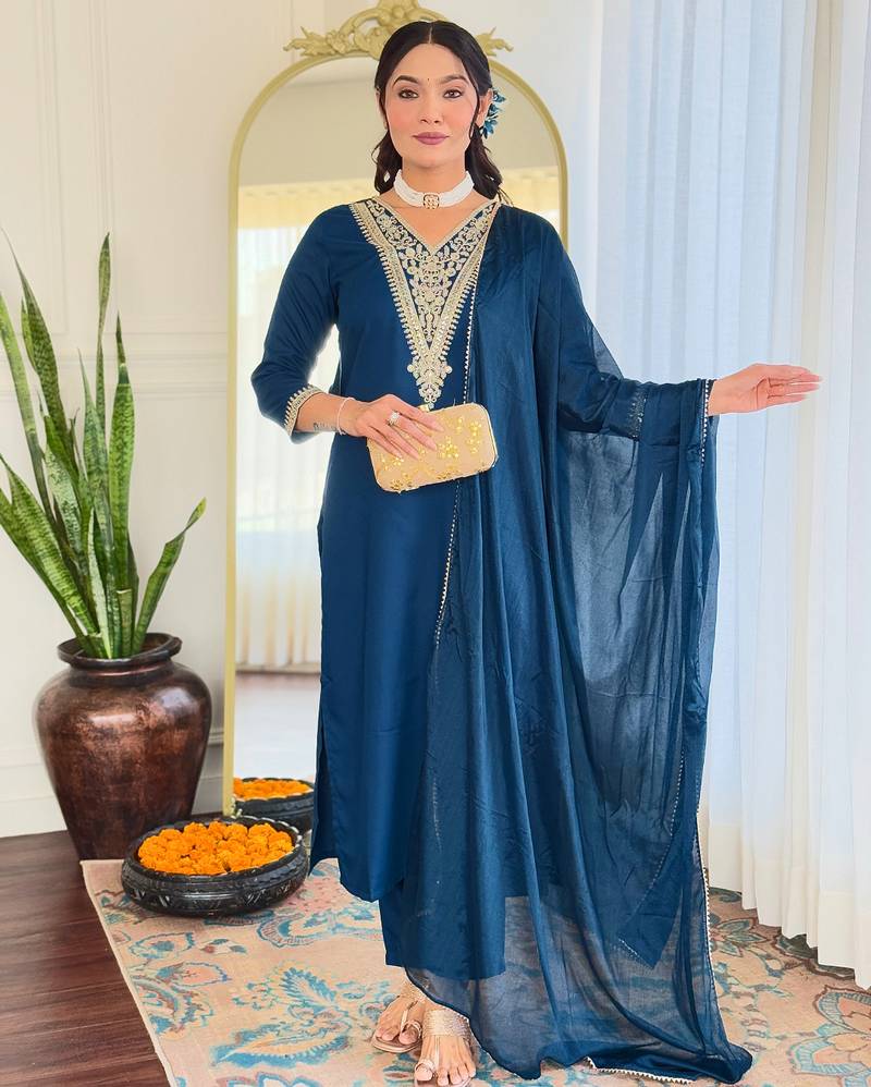 Women’s rayon embroidered straight kurta set with pant & silk chiffon printed dupatta