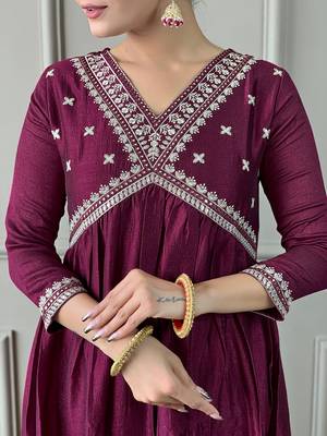 vichitra silk blend embroidered flared kurta set with viscose silk blend pant & chinon lace dupatta 5