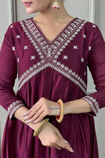 vichitra silk embroidered flared kurta set with viscose silk pant & chinon lace dupatta
