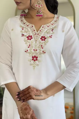 viscose embroidered straight kurta set with bsy pant & silk blend laced dupatta