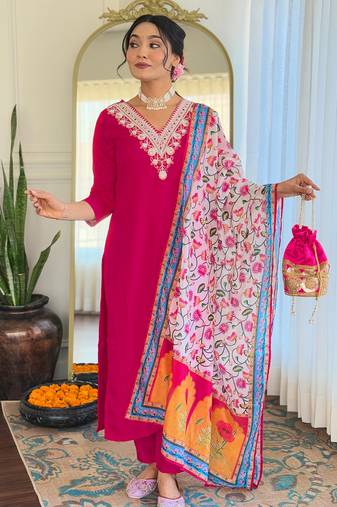 Women's rayon embroidered straight kurta with rayon pant and silk chiffon printed dupatta sets