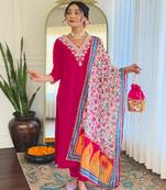 Women's rayon embroidered straight kurta with rayon pant and silk chiffon printed dupatta sets
