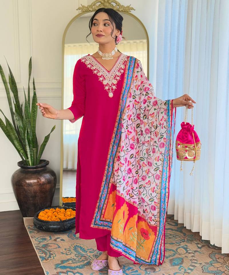 Women's rayon embroidered straight kurta with rayon pant and silk chiffon printed dupatta sets