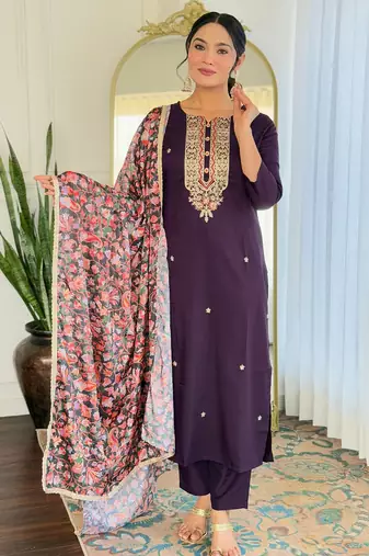 Women’s rayon embroidered straight kurta set with pant & silk chiffon embroidered laced dupatta
