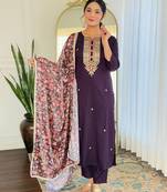 rayon embroidered straight kurta set with pant & silk chiffon embroidered laced dupatta
