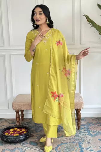 Women’s rayon slub embroidered straight kurta set with pant & pure organza printed dupatta