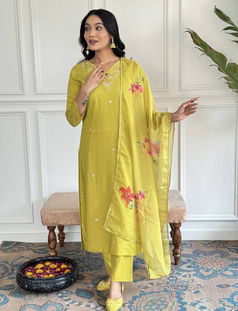 Women’s rayon slub embroidered straight kurta set with pant & pure organza printed dupatta
