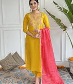 straight kurta set in viscose with inner, embroidery, pant & georgette printed dupatta