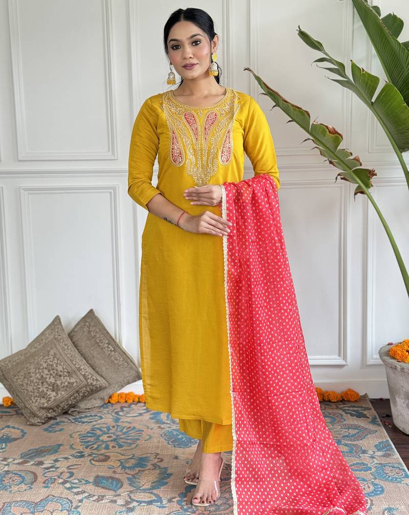 Women’s straight kurta set in viscose with inner, embroidery, pant & georgette printed dupatta