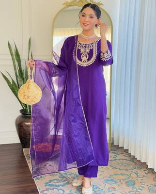 rayon slub embroidered straight kurta set with pant & organza laced dupatta 1