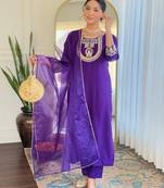 rayon slub embroidered straight kurta set with pant & organza laced dupatta