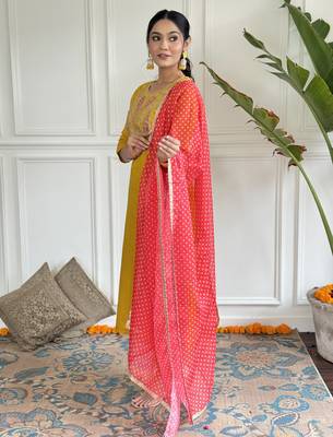 straight kurta set in viscose with inner, embroidery, pant & georgette printed dupatta 2
