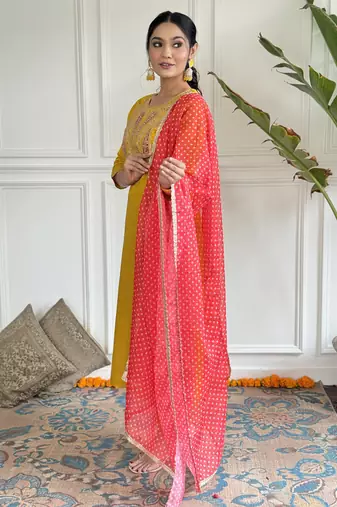 straight kurta set in viscose with inner, embroidery, pant & georgette printed dupatta