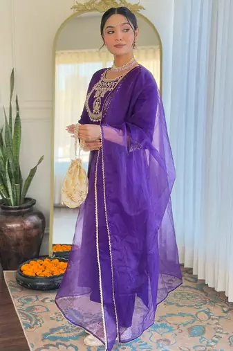 rayon slub embroidered straight kurta set with pant & organza laced dupatta
