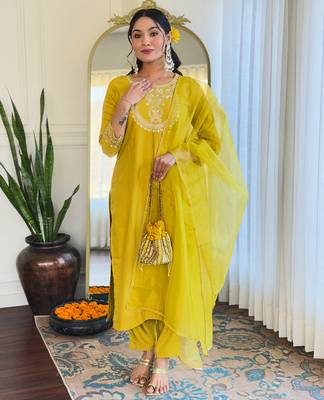 rayon slub embroidered straight kurta set with pant & organza laced dupatta 1