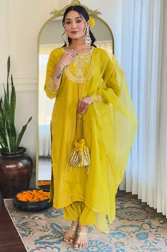 Women’s rayon slub embroidered straight kurta set with pant & organza laced dupatta