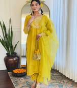 rayon slub embroidered straight kurta set with pant & organza laced dupatta