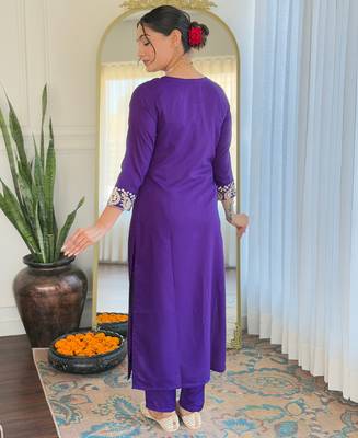 rayon slub embroidered straight kurta set with pant & organza laced dupatta 3