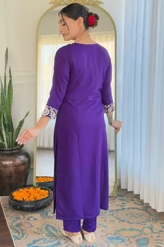 rayon slub embroidered straight kurta set with pant & organza laced dupatta