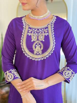 rayon slub embroidered straight kurta set with pant & organza laced dupatta 4
