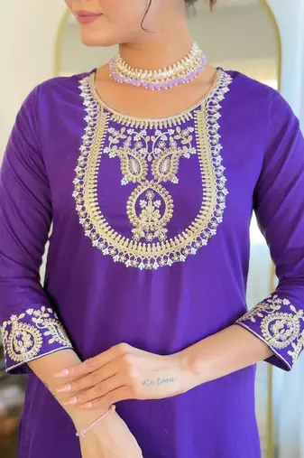 rayon slub embroidered straight kurta set with pant & organza laced dupatta