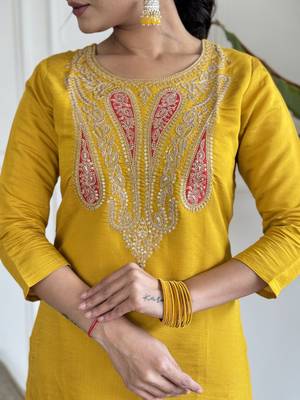 straight kurta set in viscose with inner, embroidery, pant & georgette printed dupatta 4