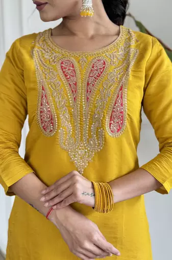 straight kurta set in viscose with inner, embroidery, pant & georgette printed dupatta