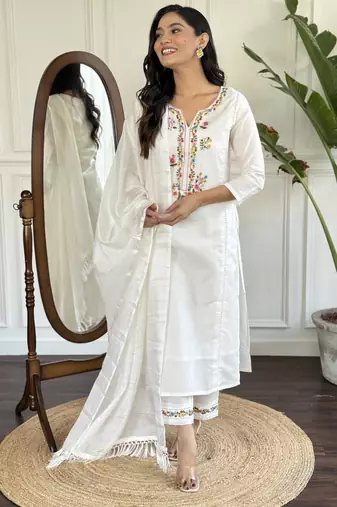 Women’s viscose embroidered straight kurta with viscose pant and cotton laced dupatta set