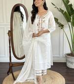 viscose embroidered straight kurta with viscose pant and cotton laced dupatta set