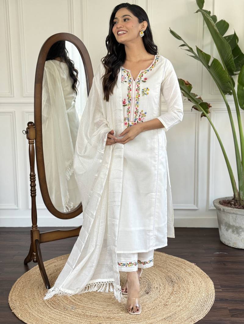 Women’s viscose embroidered straight kurta with viscose pant and cotton laced dupatta set