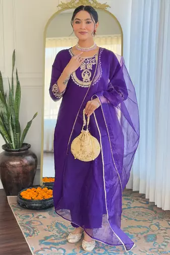 rayon slub embroidered straight kurta set with pant & organza laced dupatta